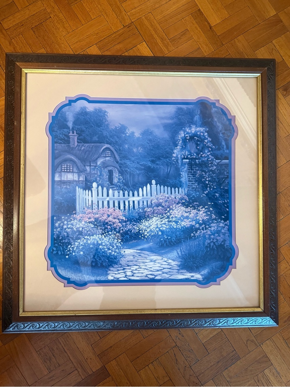 This is a vintage framed art print titled "The English Cottage Beautiful: Garden